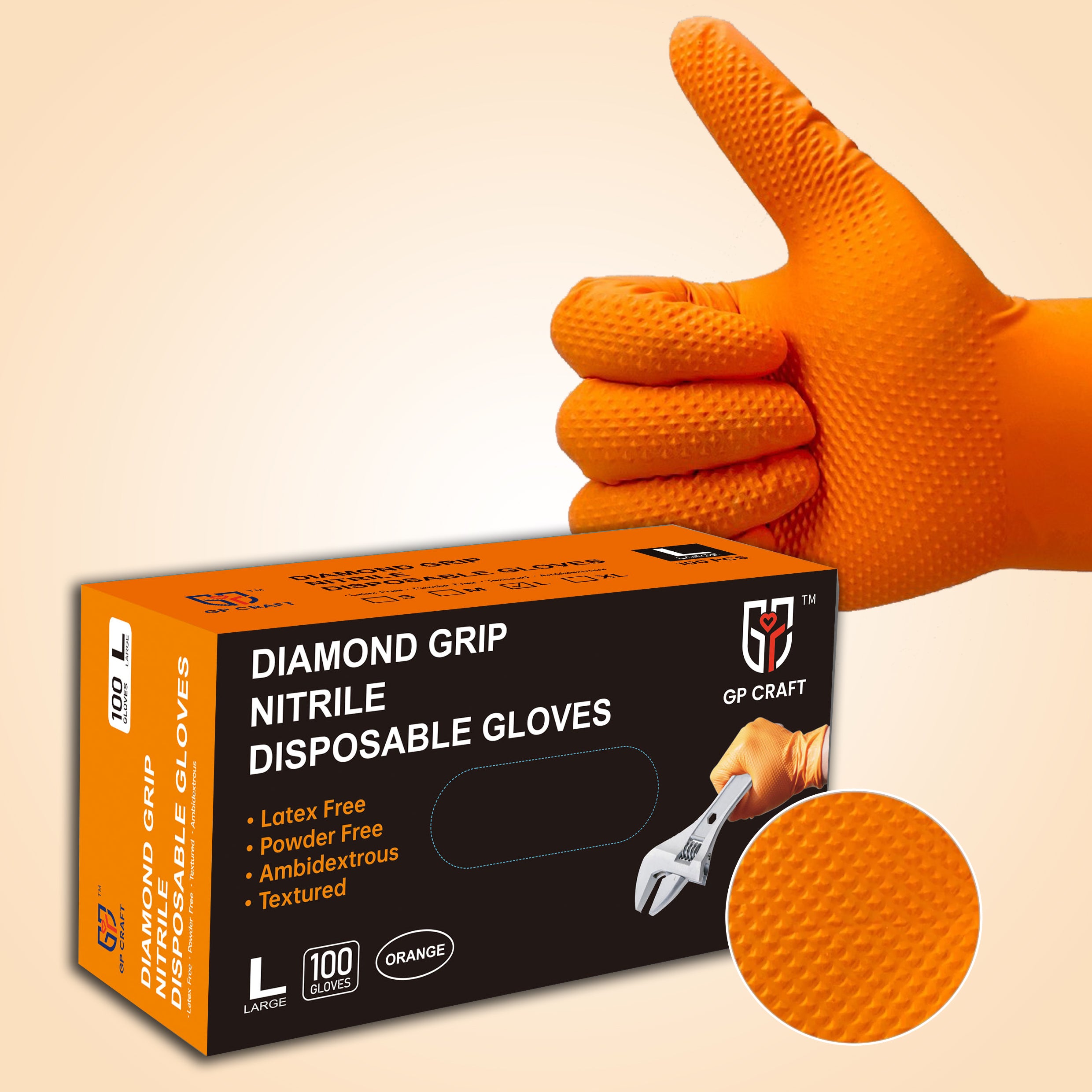 GP68 Diamond Grip Orange Nitrile Gloves (1 Case, 1000 Gloves)