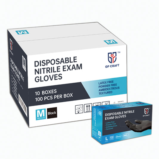 GP Craft Black 6Mil Nitrile Disposable Gloves Powder and Latex Free (Case, 10 Packs, 1000 gloves,Black )